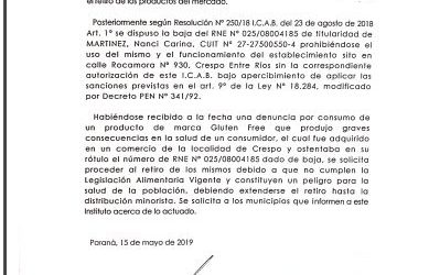 COMUNICADO DEL INSTITUTO DE CONTROL DE ALIMENTACIÓN Y BROMATOLOGIA. ALERTA ALIMENTARIA SOBRE PRODUCTOS MARCA GLUTEN FREE.