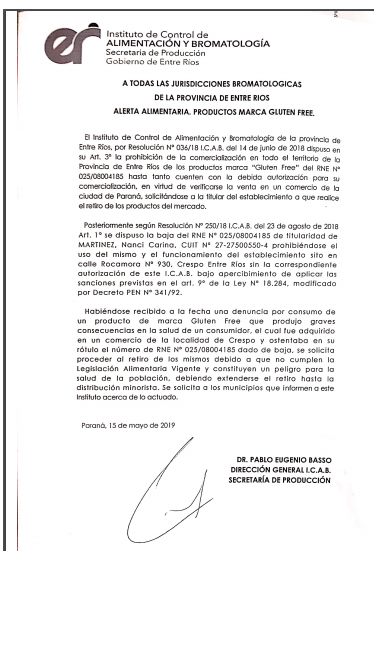 COMUNICADO DEL INSTITUTO DE CONTROL DE ALIMENTACIÓN Y BROMATOLOGIA. ALERTA ALIMENTARIA SOBRE PRODUCTOS MARCA GLUTEN FREE.