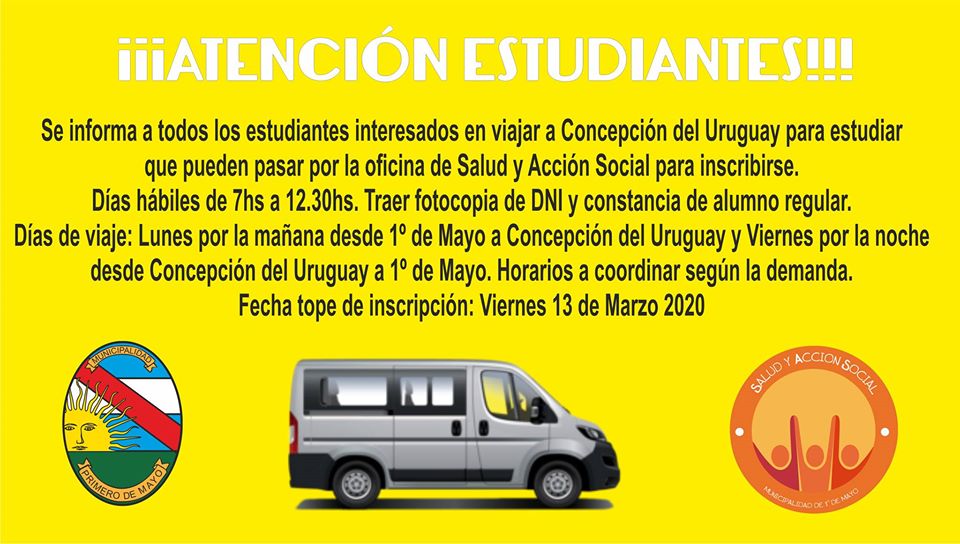 INSCRIPCIONES PARA TRASLADOS DE ESTUDIANTES DESDE 1º DE MAYO A CONCEPCIÓN DEL URUGUAY