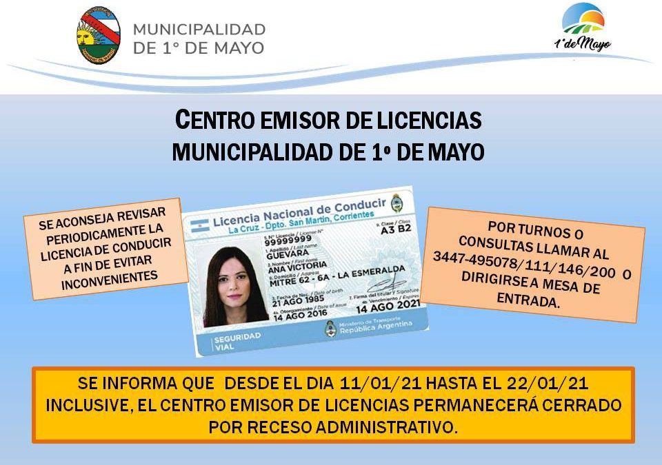 CENTRO EMISOR DE LICENCIAS DE CONDUCIR PERMANECERÁ CERRADO DESDE EL 11 AL 22 DE ENERO 2021