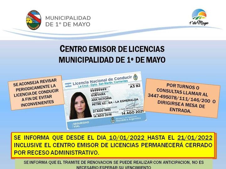 CENTRO EMISOR DE LICENCIAS DE CONDUCIR CERRADO POR RECESO ADMINISTRATIVO A PARTIR DEL 10 DE ENERO 2022