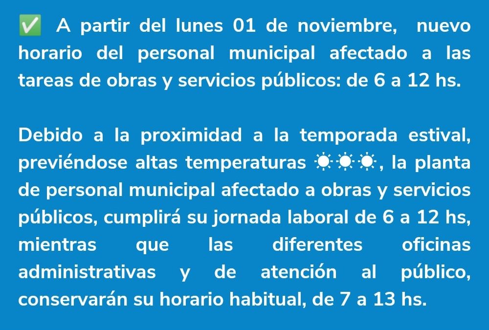 CAMBIO DE HORARIO DE TRABAJO DEL PERSONAL DE OBRAS Y SERVICIOS PÚBLICOS