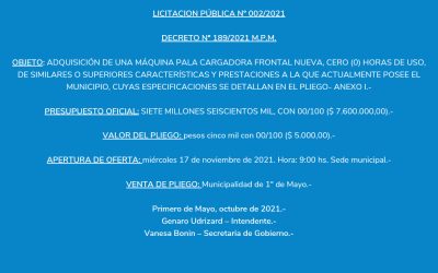 LICITACIÓN PÚBLICA Nº 002/2021 – DECRETO Nº 189/2021 M.P.M.