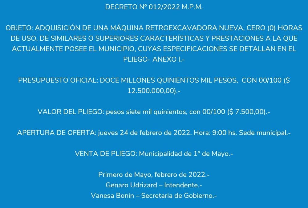 LLAMADO A LICITACIÓN PÚBLICA Nº 001/2022